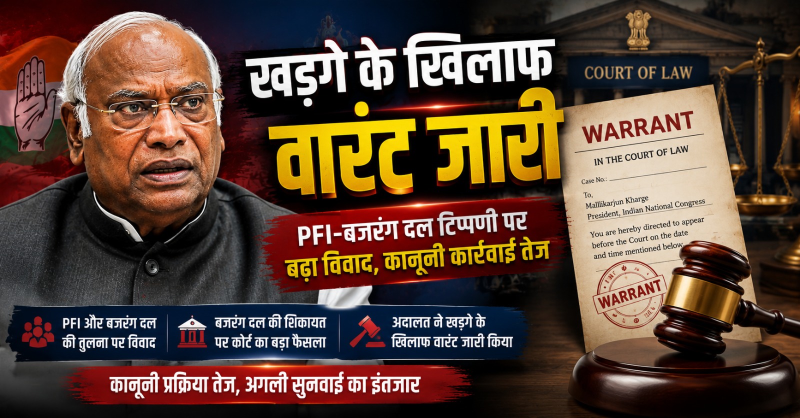 मल्लिकार्जुन खड़गे के खिलाफ वारंट जारी, बजरंग दल टिप्पणी मामले से जुड़ी सांकेतिक फोटो।