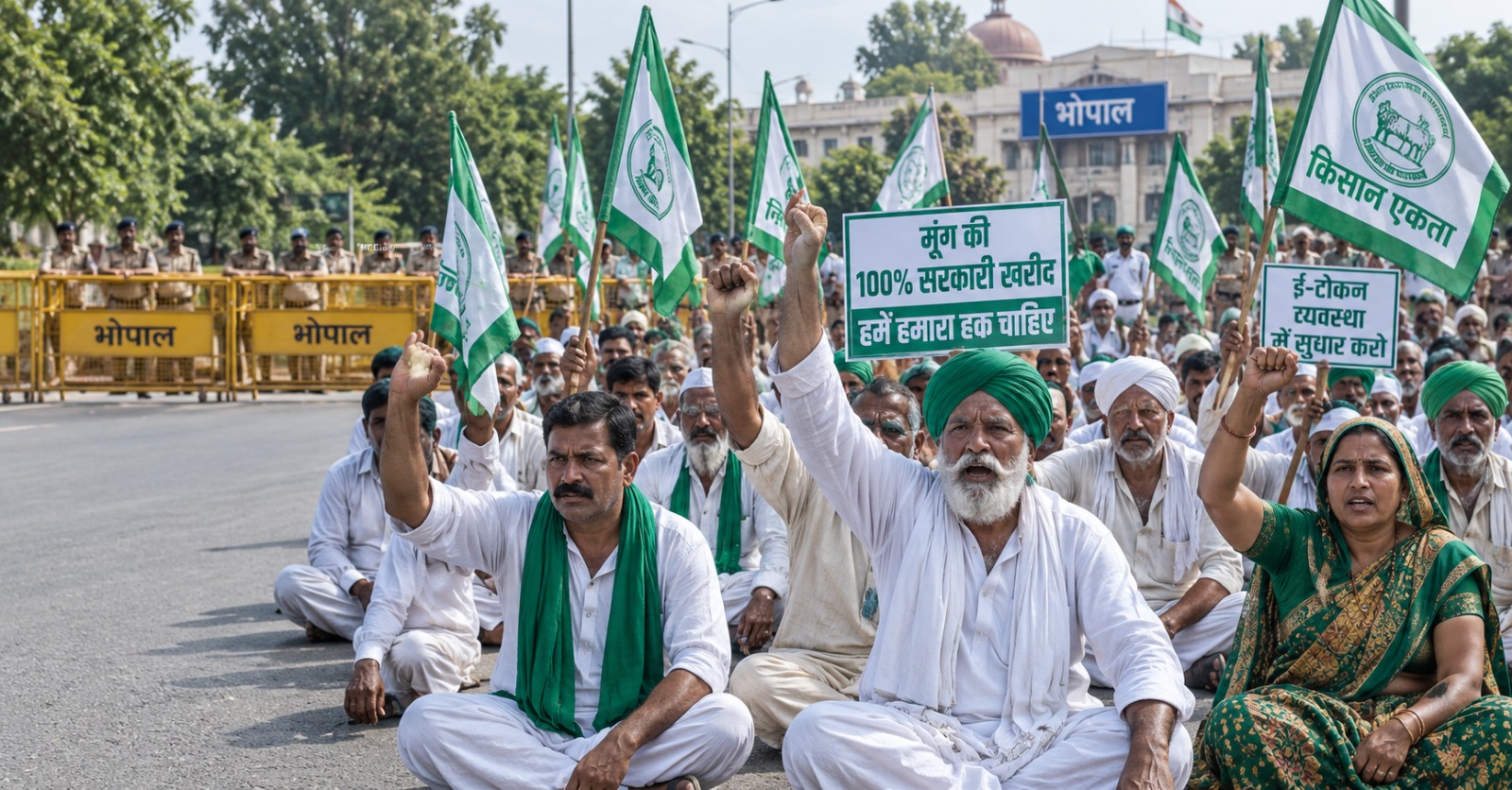भोपाल में किसान मूंग की सरकारी खरीद और ई-टोकन व्यवस्था में सुधार की मांग को लेकर शांतिपूर्ण प्रदर्शन करते हुए।