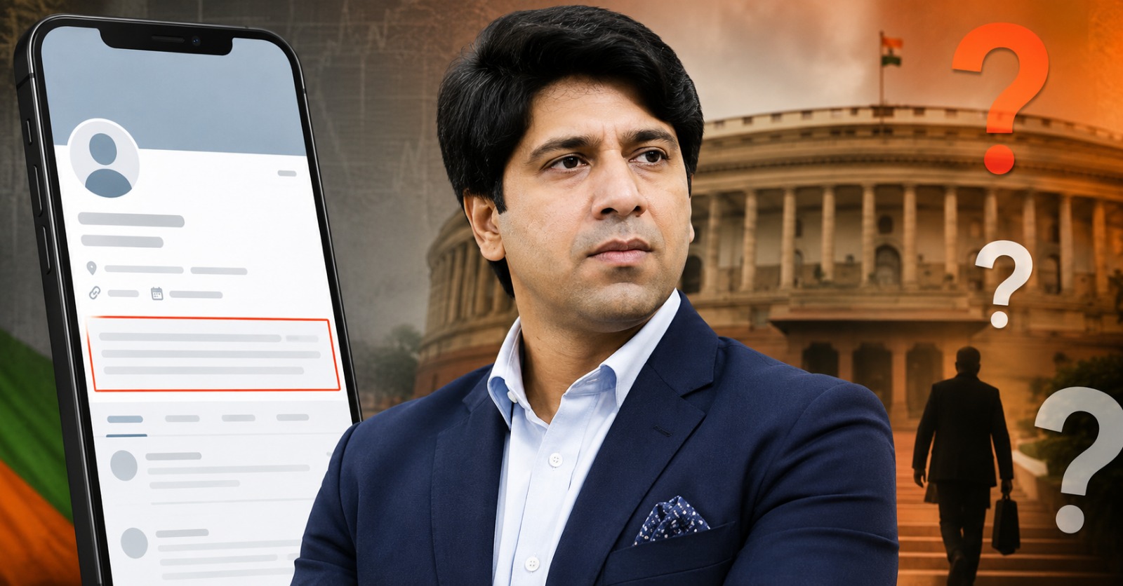 भाजपा नेता शहजाद पूनावाला की पृष्ठभूमि में संसद भवन और सोशल मीडिया प्रोफाइल का प्रतीकात्मक दृश्य, X बायो अपडेट के बाद राजनीतिक अटकलों को दर्शाता हुआ।