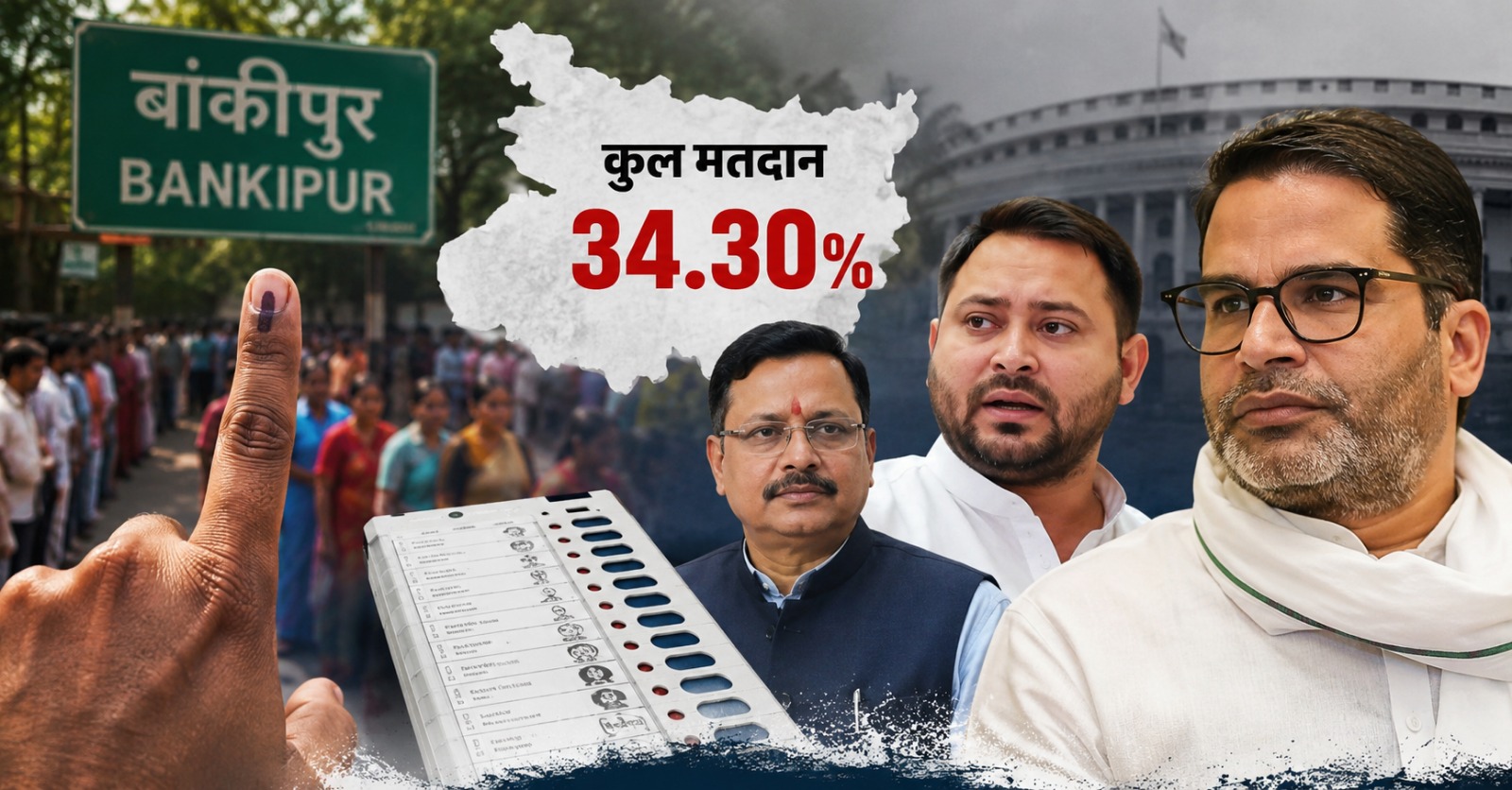 बांकीपुर उपचुनाव में 34.30 प्रतिशत मतदान के बीच बीजेपी, आरजेडी और जन सुराज के चुनावी मुकाबले को दर्शाती सांकेतिक तस्वीर।
